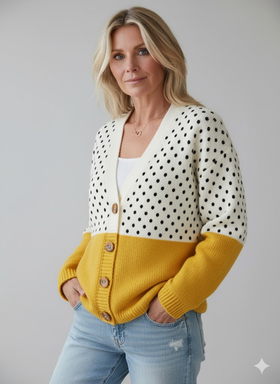 Yellow Geometric Polka Dots Print Buttoned Cardigan Sweater