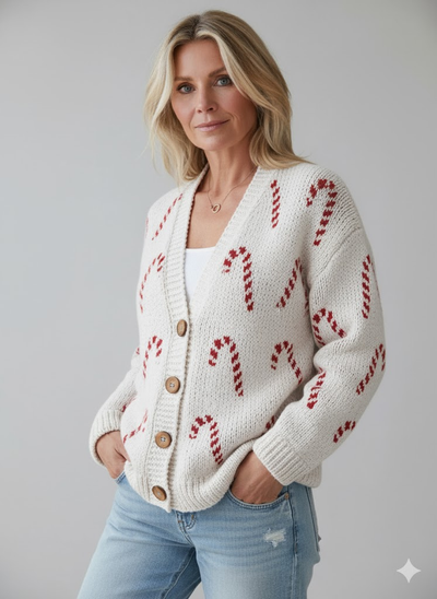 Festive Candy Cane Decorative Pattern Buttoned Cardigan Sweater