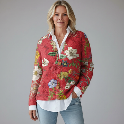 Women's Vintage Floral Art Print Buttoned Cardigan Sweater